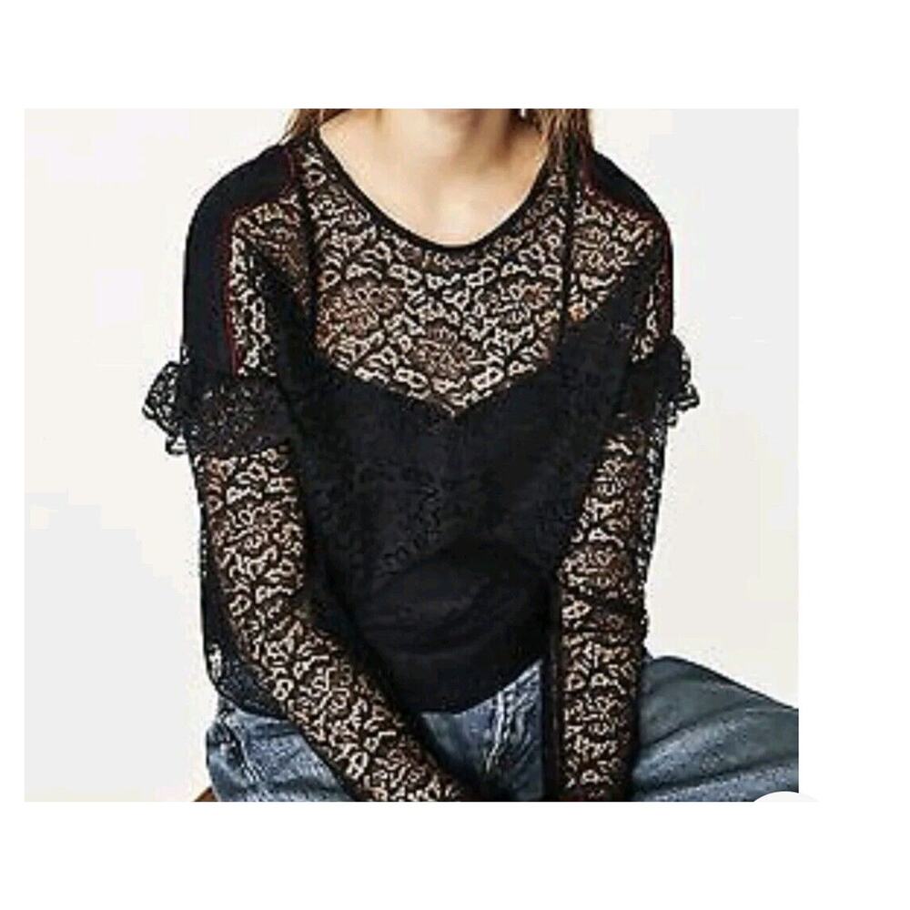 Zara Top Womens Small Midnight Blue Cropped Lace Ruffle‎ Sheer Fairy Whimsigoth